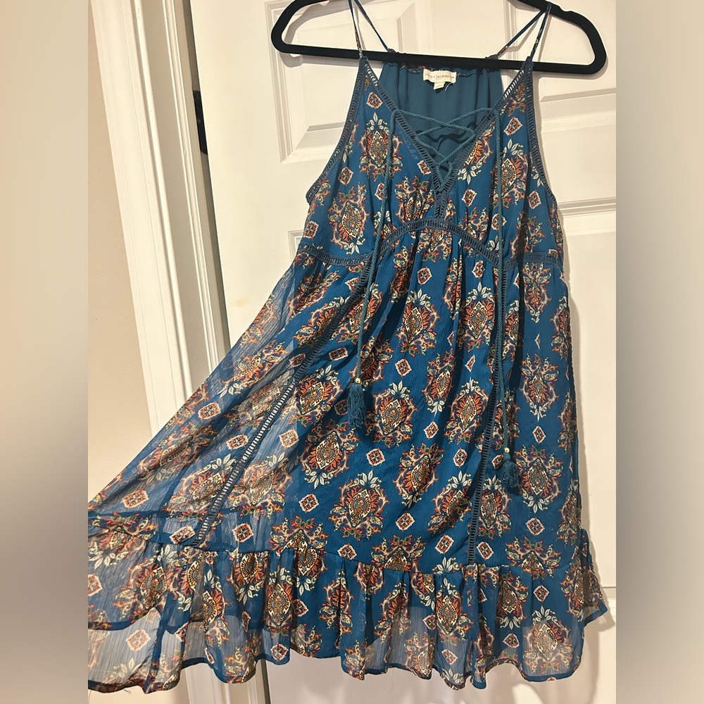 Coco + Jaimeson Bohemian Festival Print Lined Teal Mini Dress Tunic Tank Top - Picture 5 of 14